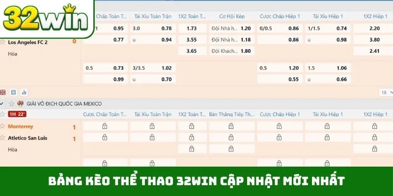 Bảng kèo thể thao 32WIN cập nhật mới nhất