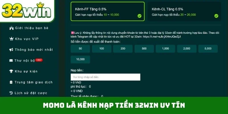 Momo là kênh nạp tiền 32WIN uy tín