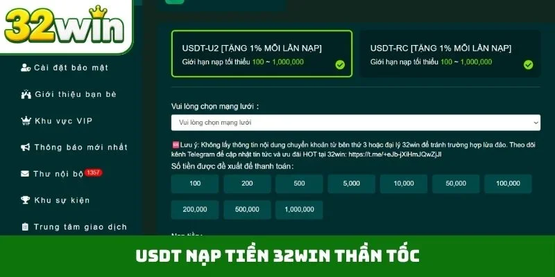 USDT nạp tiền 32WIN thần tốc